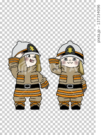 A full-body illustration of a child happily saluting in a uniform during a firefighter job experience (transparent background) 137334096