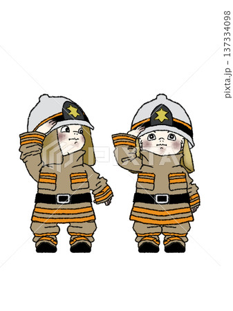 消防士の職業体験で制服を着て真面目に敬礼をする子供の全身イラスト 消防士の職業体験で制服を着て真面目に敬礼をする子供の全身イラスト 137334098