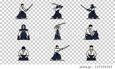 劍道技巧與手勢圖示集（共9種）| 竹劍、面具、盔甲、站姿、弓箭、武術圖示系列，透明PNG格式 137334193