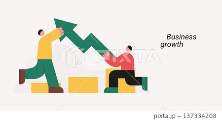 Business growth concept with two people working together holding upward arrow showing progress. Flat design vector illustration for business growth and teamwork success concepts. Business growth concept with two people working together holding upward arrow showing progress. Flat design vector illustration for business growth and teamwork success concepts. 137334208