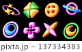 Colorful playful 3d shapes set. Neo brutalism ui design elements, circle ring with stars, moon, planet, flower. Puffy 90s plastic, inflatable and y2k cartoon style on black background. 3D illustration 137334383