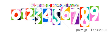 Color Numbers Letters Alphabet Font for Kid Birthday Years Logo, Corporate Anniversary Sign, Race Sport Team Jersey Numeric. Colorful Cutout Paper Typographic Design. Vector Illustration 137334396