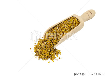 Mullein or Verbascum dried flowers in wooden scoop isolated on white background. Used in herbal medicine. 137334602