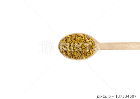 Mullein or Verbascum dried flowers on wooden spoon isolated on white background. Used in herbal medicine Mullein or Verbascum dried flowers on wooden spoon isolated on white background. Used in herbal medicine 137334607