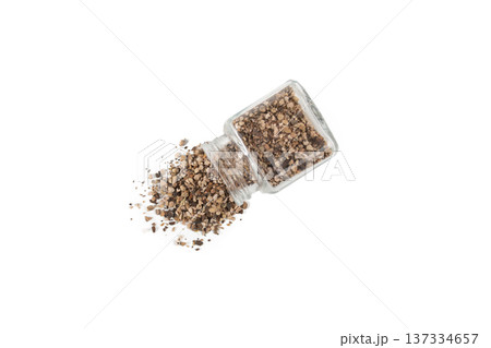 Bistorta officinalis known as bistort, common bistort, European bistort or meadow bistort falling from glass jar isolated on white background. 137334657