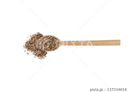 Bistorta officinalis known as bistort, common bistort, European bistort or meadow bistort  on wooden spoon isolated on white background. 137334658