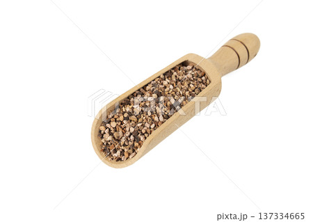 Bistorta officinalis known as bistort, common bistort, European bistort or meadow bistort in wooden scoop isolated on white background. 137334665