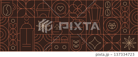 Abstract geometric coffee pattern with line art elements in minimalist style 137334723