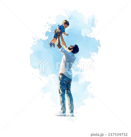 Father lifts child in sky against blue background during sunny day in open space Father lifts child in sky against blue background during sunny day in open space 137334732