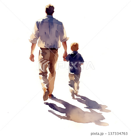 Father and son walk together on a bright day, sharing a moment and creating memories while holding hands Father and son walk together on a bright day, sharing a moment and creating memories while holding hands 137334763