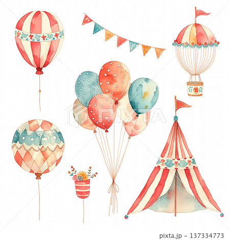 Colorful hot air balloons, balloons, tents, and decorations in a festive setting for a carnival or birthday party celebration Colorful hot air balloons, balloons, tents, and decorations in a festive setting for a carnival or birthday party celebration 137334773