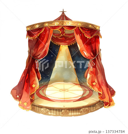 Circular stage with red curtains and spotlight in an open-space setting for performances and events 137334784