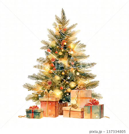 Christmas tree with wrapped gifts under the branches in a warm indoor setting during the holiday season Christmas tree with wrapped gifts under the branches in a warm indoor setting during the holiday season 137334805