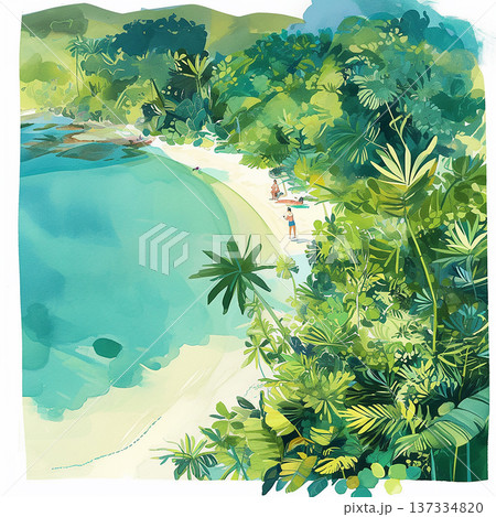 People enjoy a beach day beside clear water surrounded by tropical plants and trees in a scenic coastal area during daytime People enjoy a beach day beside clear water surrounded by tropical plants and trees in a scenic coastal area during daytime 137334820