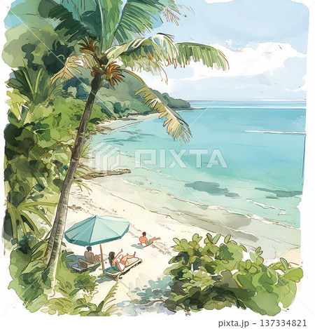 Sunny beach scene with people relaxing under an umbrella beside clear waters in a tropical setting Sunny beach scene with people relaxing under an umbrella beside clear waters in a tropical setting 137334821