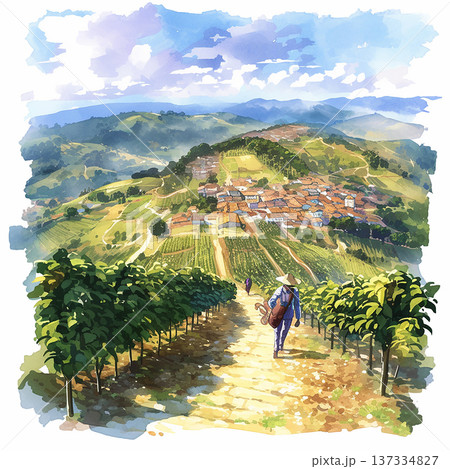 Farmers carry baskets down the hill while harvesting grapes in a vineyard near a small village in the mountains 137334827