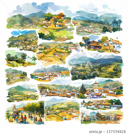 Colorful landscape views of a rural area in daytime showing green hills, houses, and people engaged in daily activities 137334828