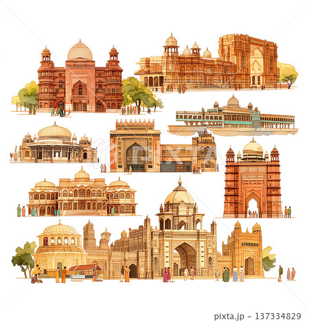 Collection of famous buildings and structures in India with details of style and design 137334829