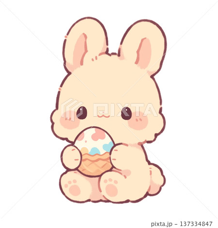 Cute bunny holds colorful ice cream cone in a fun and playful setting during a bright day Cute bunny holds colorful ice cream cone in a fun and playful setting during a bright day 137334847