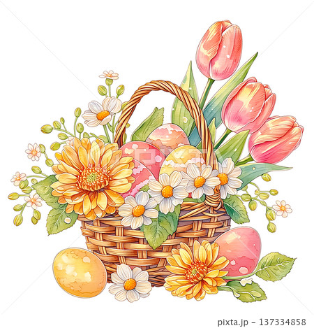 Colorful basket filled with eggs, flowers and tulips for Easter celebration in spring season Colorful basket filled with eggs, flowers and tulips for Easter celebration in spring season 137334858
