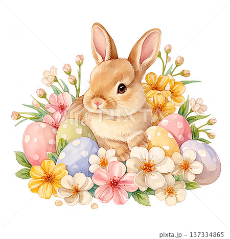 Cute rabbit sits among colorful eggs and flowers during springtime celebration in a lively garden setting Cute rabbit sits among colorful eggs and flowers during springtime celebration in a lively garden setting 137334865