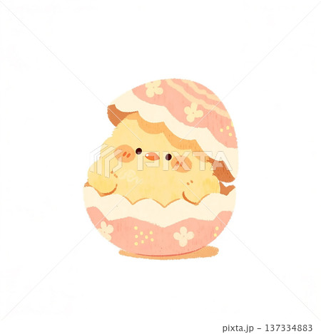 Cute chick hatching from pink patterned egg on a plain white background, representing new beginnings in springtime tradition 137334883