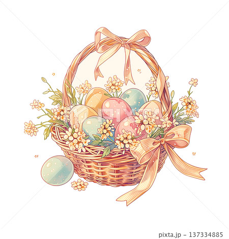 Colorful eggs in a basket with flowers for spring celebration on a sunny day 137334885