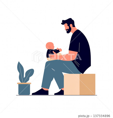 Father feeds baby while sitting on a box next to a potted plant indoors Father feeds baby while sitting on a box next to a potted plant indoors 137334896