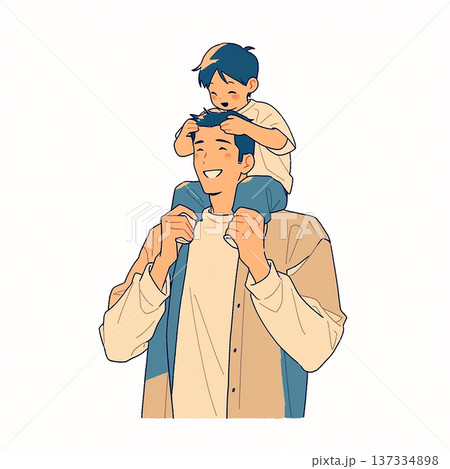 Father and son enjoy time together with the boy on the father's shoulders in a joyful setting during daylight Father and son enjoy time together with the boy on the father's shoulders in a joyful setting during daylight 137334898