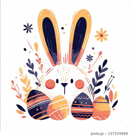 Cute bunny sits among decorated eggs in a garden with flowers and plants during spring season Cute bunny sits among decorated eggs in a garden with flowers and plants during spring season 137334899