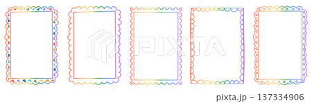 Set of retro whimsical rainbow gradient frames with hand-drawn scalloped and stamp edges. Playful multicolored borders with doodle squiggles and hearts for LGBT pride labels, cards, and stationery. Set of retro whimsical rainbow gradient frames with hand-drawn scalloped and stamp edges. Playful multicolored borders with doodle squiggles and hearts for LGBT pride labels, cards, and stationery. 137334906