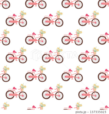 Bicycle seamless pattern vector. Cute flat bike with flower basket illustration. Spring repeat background for fabric, textile and wallpaper design. Bicycle seamless pattern vector. Cute flat bike with flower basket illustration. Spring repeat background for fabric, textile and wallpaper design. 137335023