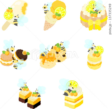 まんまる蜂蜜ゼリーと、マシュマロのミツバチを飾った甘〜いスイーツのイラストセットです。 まんまる蜂蜜ゼリーと、マシュマロのミツバチを飾った甘〜いスイーツのイラストセットです。 137335249