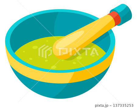 Green medical mixture in mortar with wooden pestle preparation 137335253