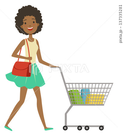 Female customer with shopping trolley. Cartoon woman buy 137335281