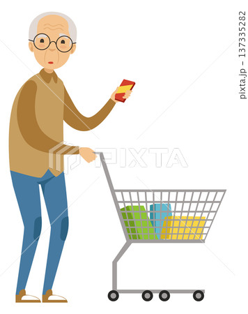 Old man push shopping cart. Supermarket customer trolley 137335282