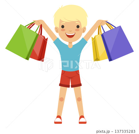Happy kid with shopping bags. Child store sale 137335283