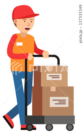 Storage worker push warehouse trolley with paper boxes Storage worker push warehouse trolley with paper boxes 137335349