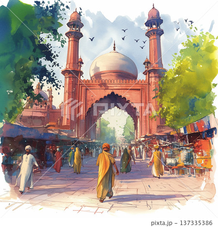 People walk through a busy market scene near a large archway in a historical location in the afternoon sun People walk through a busy market scene near a large archway in a historical location in the afternoon sun 137335386