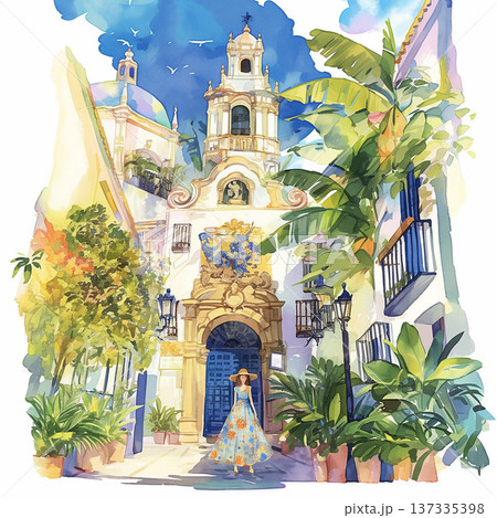 Colorful garden scene with a woman walking in a charming courtyard in a Spanish town under a bright blue sky Colorful garden scene with a woman walking in a charming courtyard in a Spanish town under a bright blue sky 137335398