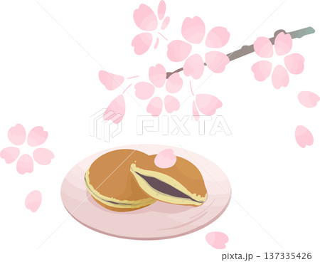桜の枝とどら焼きの和風ベクターイラスト 春の和菓子素材 137335426