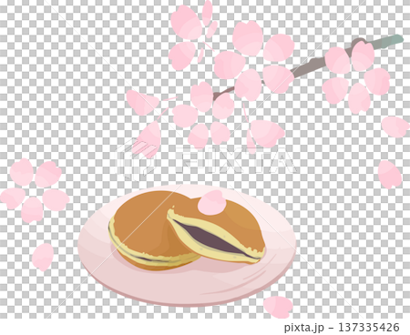 桜の枝とどら焼きの和風ベクターイラスト 春の和菓子素材 137335426