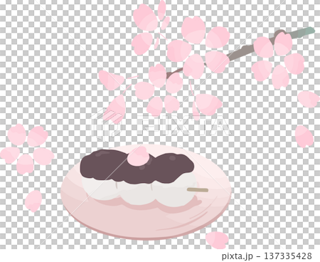 桜の枝とあん団子の和風ベクターイラスト 春の和菓子素材 桜の枝とあん団子の和風ベクターイラスト 春の和菓子素材 137335428