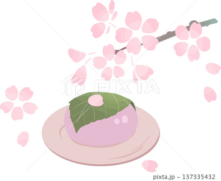 桜餅と桜の枝のイラスト素材　皿にのった春の和菓子・フラットベクター 137335432