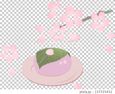 桜餅と桜の枝のイラスト素材　皿にのった春の和菓子・フラットベクター 137335432