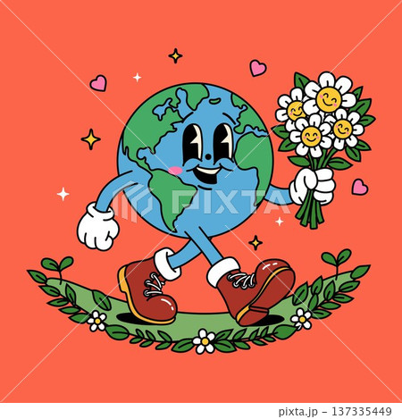 Happy Planet Earth Character with Flowers and Hearts 137335449