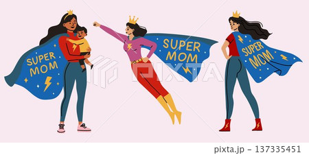 Mother Superhero with Child Super Mom Concept Mother Superhero with Child Super Mom Concept 137335451