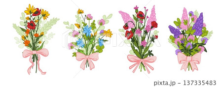 Spring wild flowers bouquet, poppy, daisy bunches 137335483