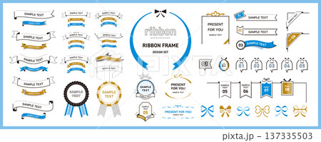 シンプルで使いやすい！ リボンのデザインフレーム素材セット（タイトル、見出し、枠）／青色 137335503