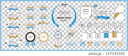 シンプルで使いやすい！ リボンのデザインフレーム素材セット（タイトル、見出し、枠）／青色 137335503